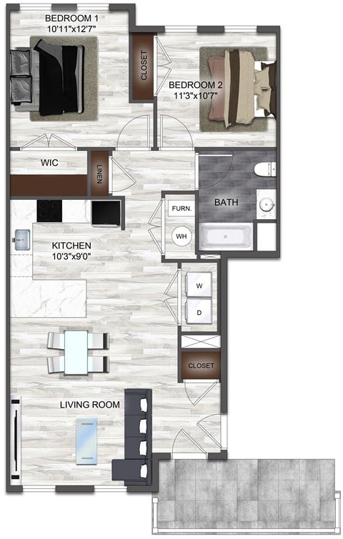 Floor plan for 2 beds, 1 bath, 948 sqft